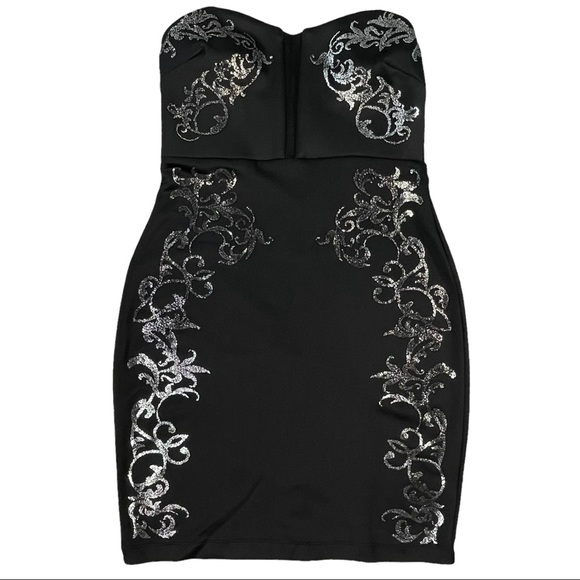 G by Guess NWT size small black strapless mini dress with silver swirl designs - Picture 2 of 11